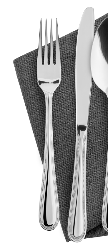 Fork and knife on gray napkin.
