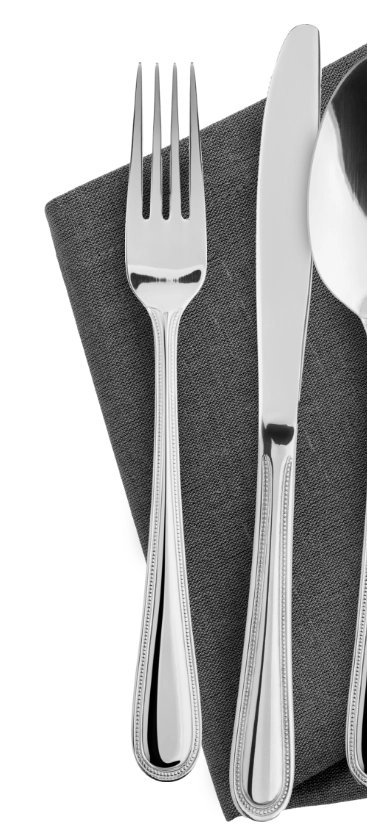 Fork and knife on gray napkin.